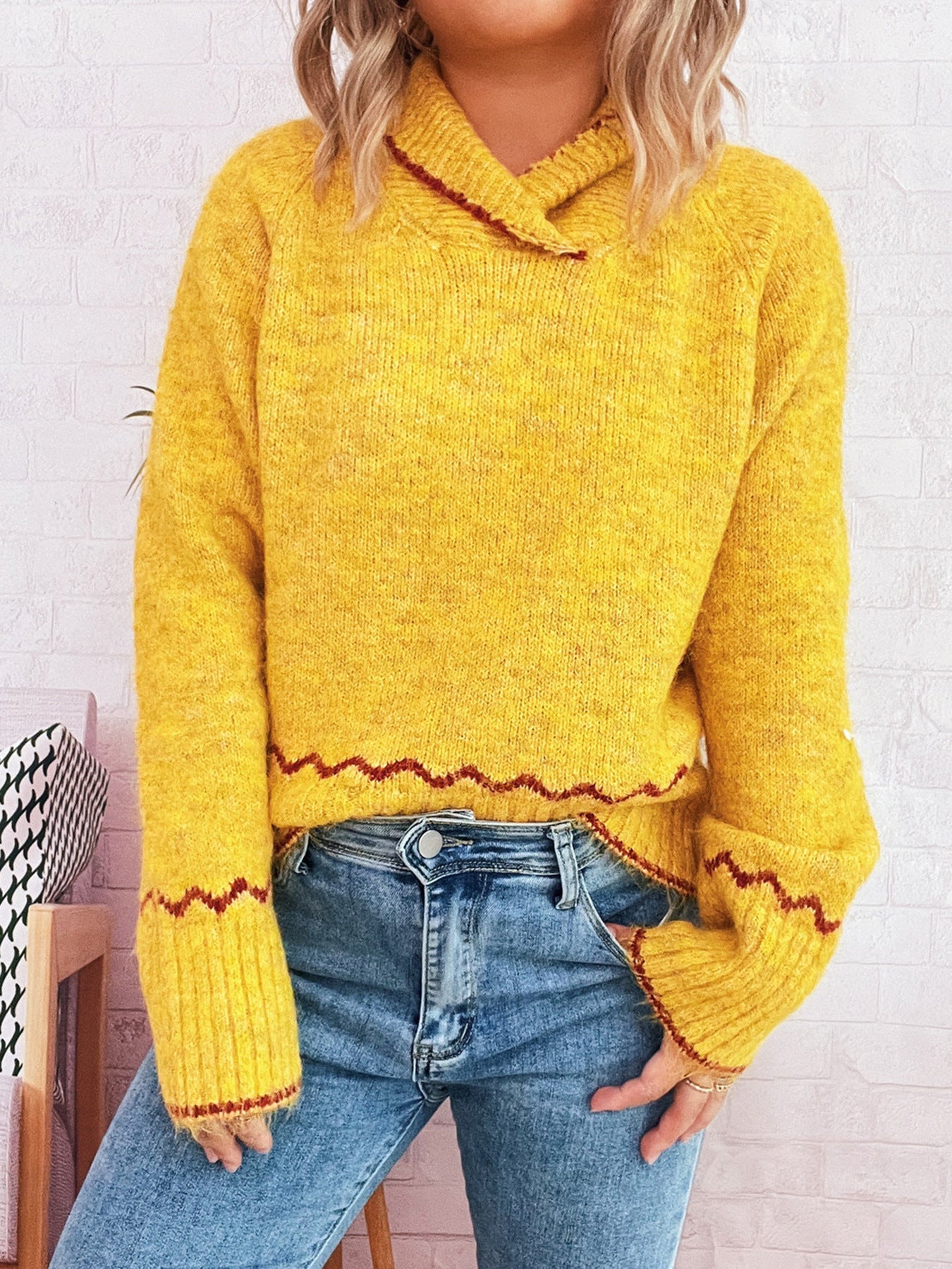 Damen Strickpullover Kuschelfleece Wellenrand