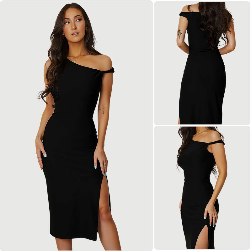 Damen Maxikleid Cut-Out Asymmetrisch Beinschlitz Schwarz Eveloria - Eveloria