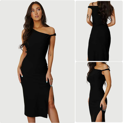Damen Maxikleid Cut-Out Asymmetrisch Beinschlitz Schwarz Eveloria - Eveloria