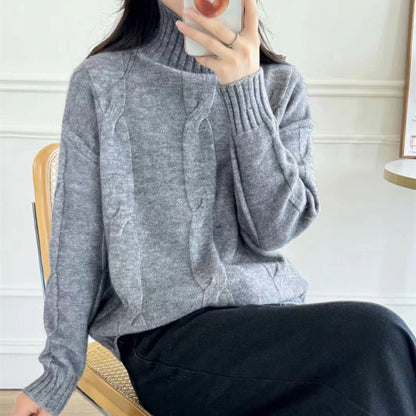Damen Strickpullover Hochkragen Kabelmuster