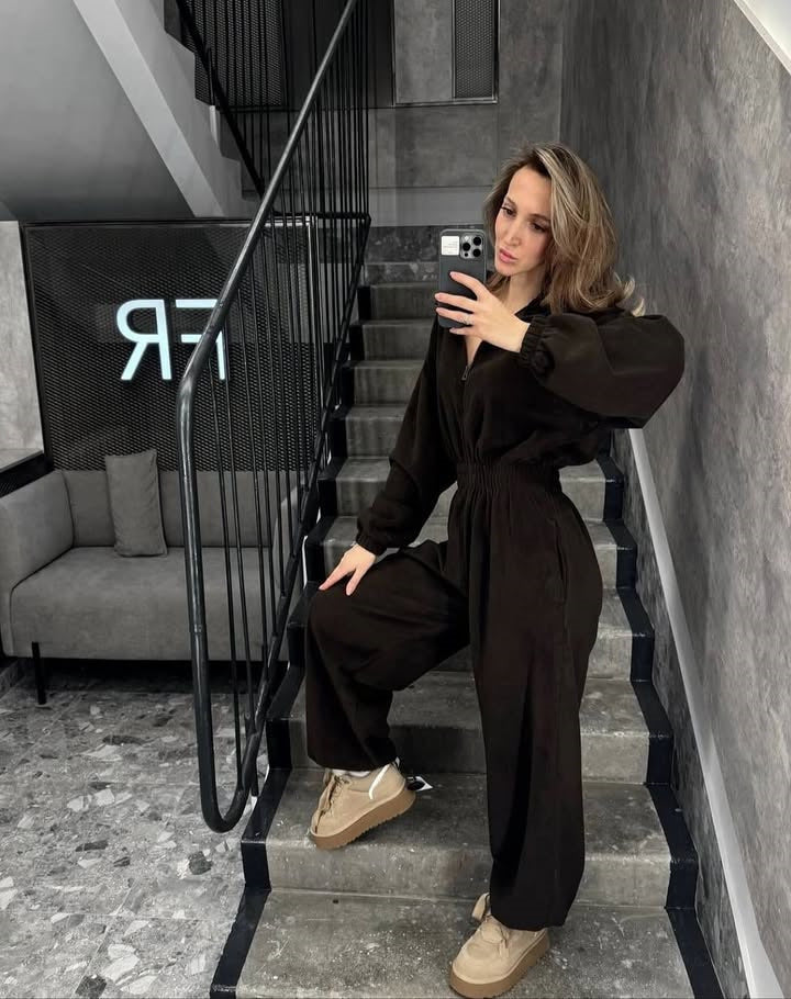 Damen Fleece-Jumpsuit Hochkragen Reißverschluss Eveloria