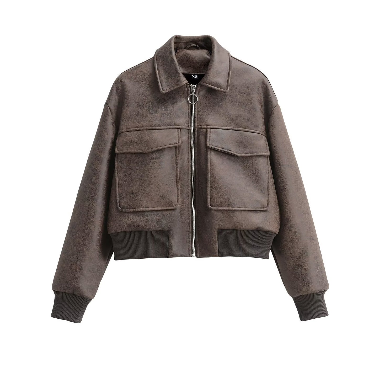 Damen Cropped Kunstlederjacke Aufgesetzte Taschen Schwarz Eveloria - Eveloria