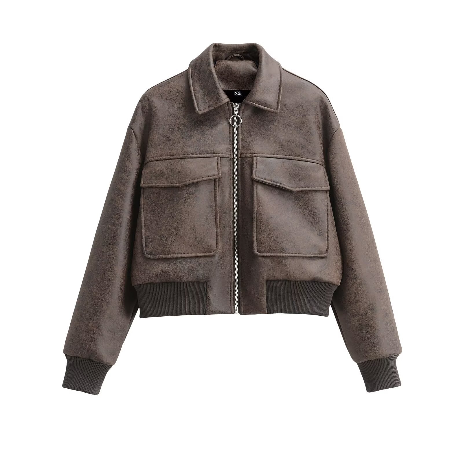 Damen Cropped Kunstlederjacke Aufgesetzte Taschen Schwarz Eveloria - Eveloria