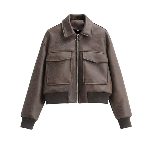 Damen Cropped Kunstlederjacke Aufgesetzte Taschen Schwarz Eveloria - Eveloria