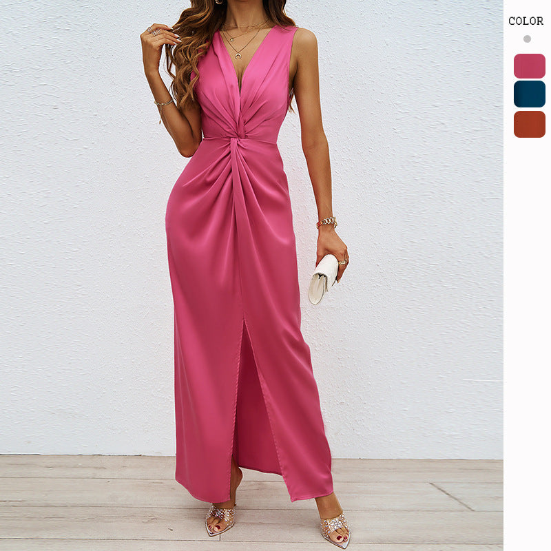 Damen Maxikleid Raffungsausschnitt Seitenschlitz Eveloria - Eveloria