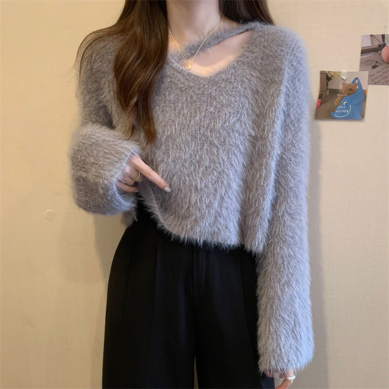 Damen Pullover Flauschig Lässiger Schnitt V-Ausschnitt Beige