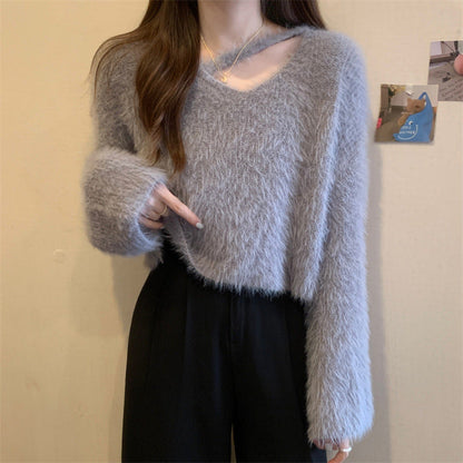 Damen Pullover Flauschig Lässiger Schnitt V-Ausschnitt Beige