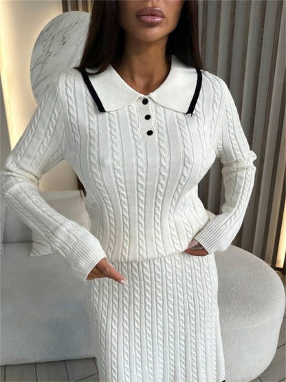 Damen Strickkleid Polo-Kragen Zopfmuster Oberfläche Eveloria