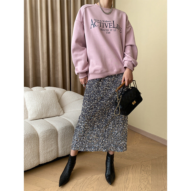 Damen Midirock Glitzer Effekt Elastischer Bund