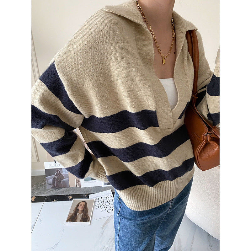 Damen Strickpullover V-Ausschnitt Streifen