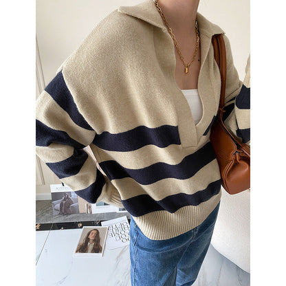 Damen Strickpullover V-Ausschnitt Streifen