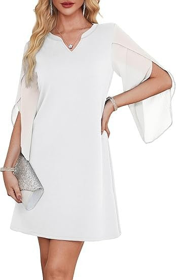 Damen V-Ausschnitt Kleid transparente Ärmel Eveloria