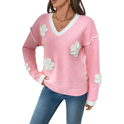 Damen Strickpullover V-Ausschnitt Blumenapplikationen Eveloria