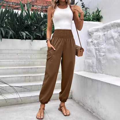 Damen Freizeithosen Elastischer Bund Praktische Seitentaschen Beige - Eveloria