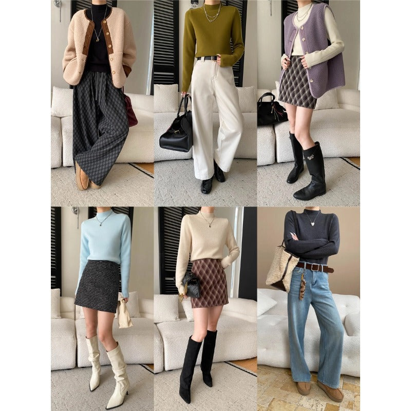 Damen Strickoberteil Figurbetont Hohem Kragen Rippdetails Elegant