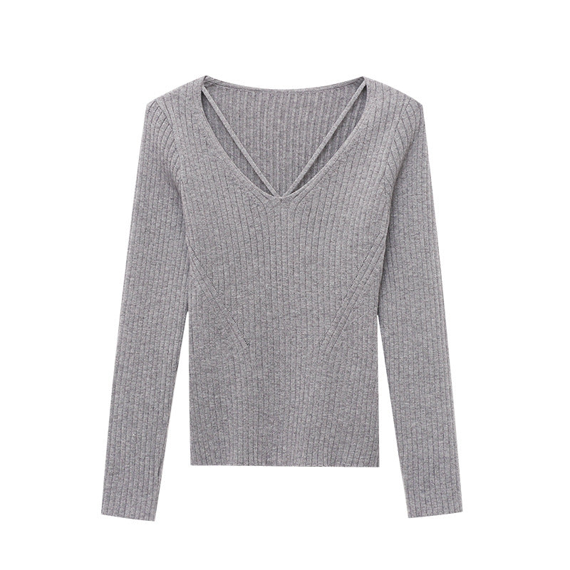 Damen Rippstrickpullover V-Ausschnitt Länge Ärmel Eveloria