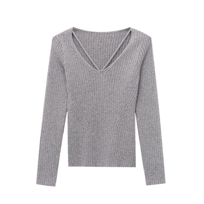 Damen Rippstrickpullover V-Ausschnitt Länge Ärmel Eveloria