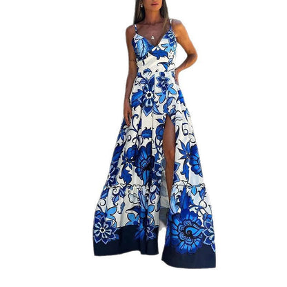 Damen Maxikleid Floralmuster Hochschlitz Eveloria