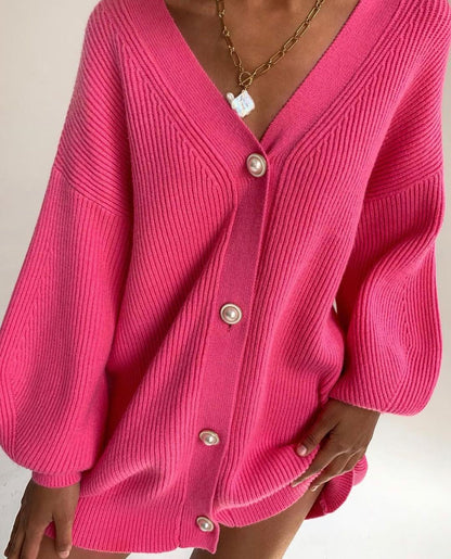 Damen Oversized Strickcardigan mit Dekorativen Knöpfen Beige