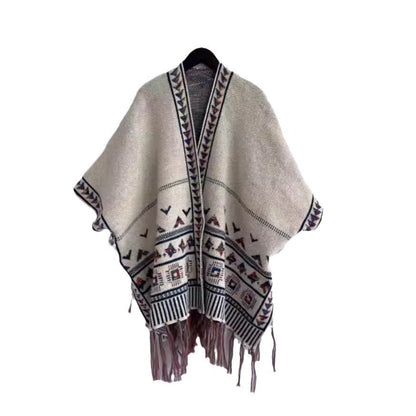 Damen Strickponcho mit Fransen und buntem Muster