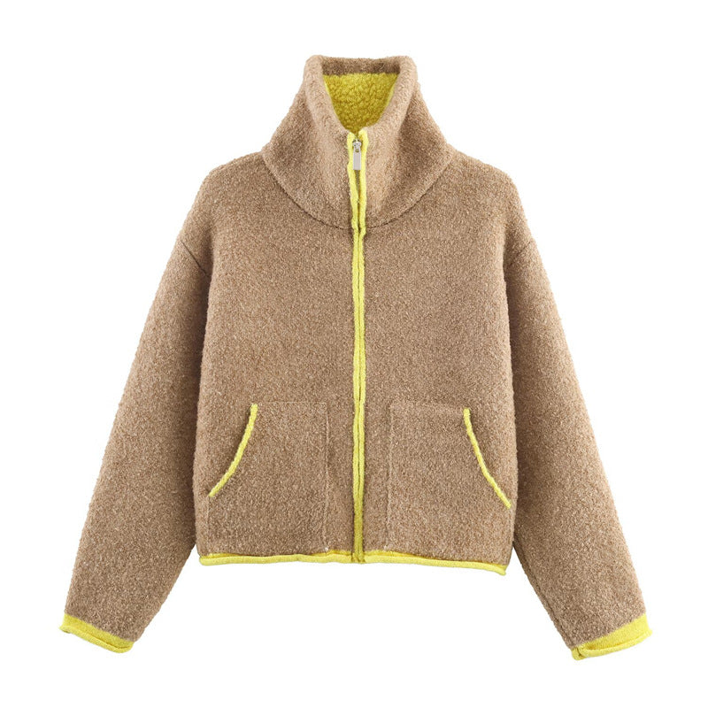 Damen Fleecejacke Oversized Hochkragen Praktische Taschen
