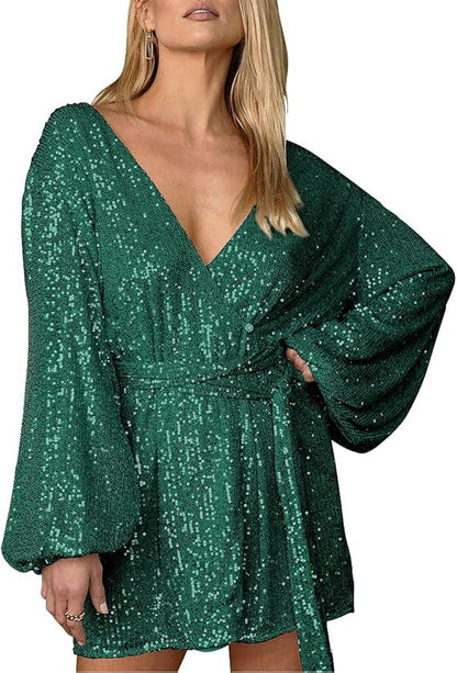 Damen Minikleid Glitzernd Tiefauschnitt Weite Ärmel Eveloria