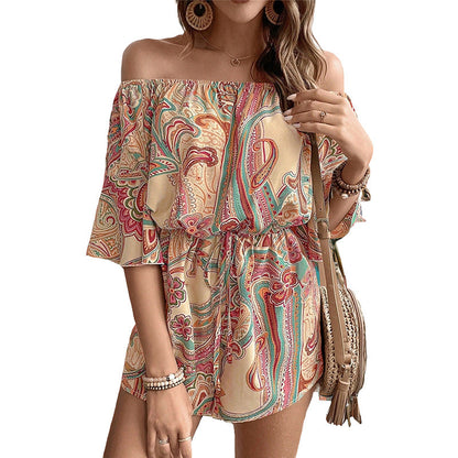 Damen Off-Shoulder-Playsuit Paisley-Muster Elastisch