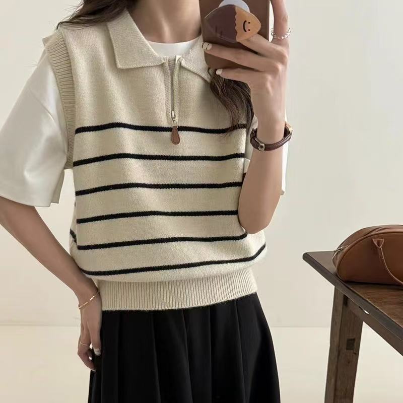 Damen Strickpullover Reißverschluss Streifenmuster Eveloria