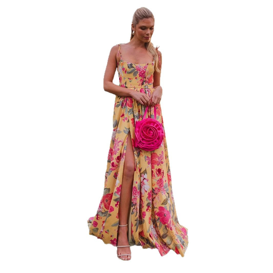 Damen Maxi-Kleid Langarm Floralmuster Rüschendetails