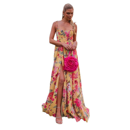 Damen Maxi-Kleid Langarm Floralmuster Rüschendetails