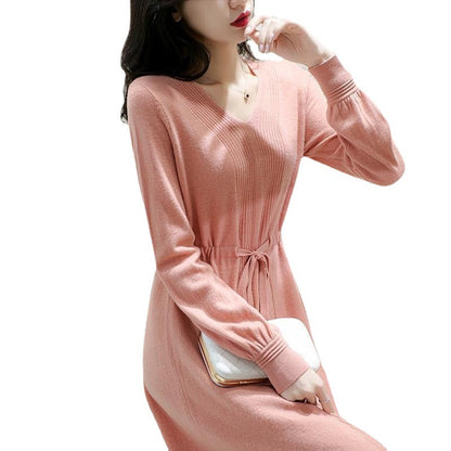 Damen Strickkleid Taillierbarer Gürtel Fein Strukturiert Anthrazit