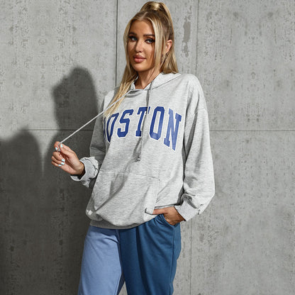 Damen Oversized Kapuzenpullover mit Schriftzug Bequem Grau - Eveloria