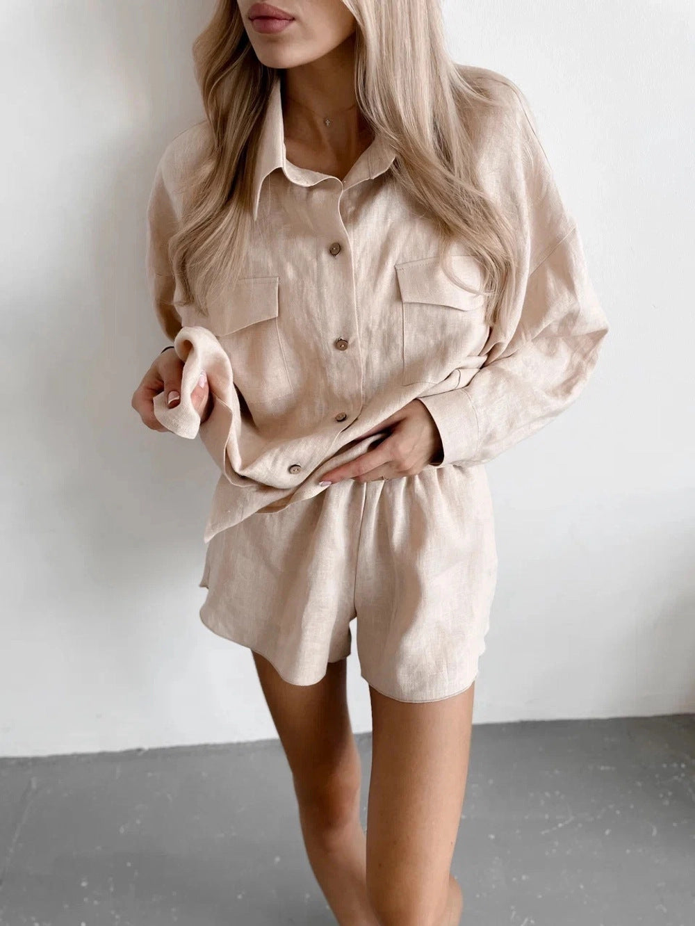 Damen Leinen-Loungewear-Set Leicht Feminin Beige