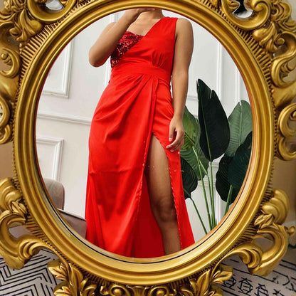 Damen Abendkleid Asymmetrisch Pailletten