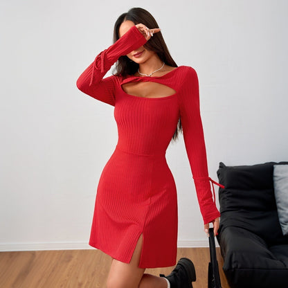 Damen Minikleid Figurbetont Langer Ärmel Cut-Out-Ausschnitt Eveloria - Eveloria