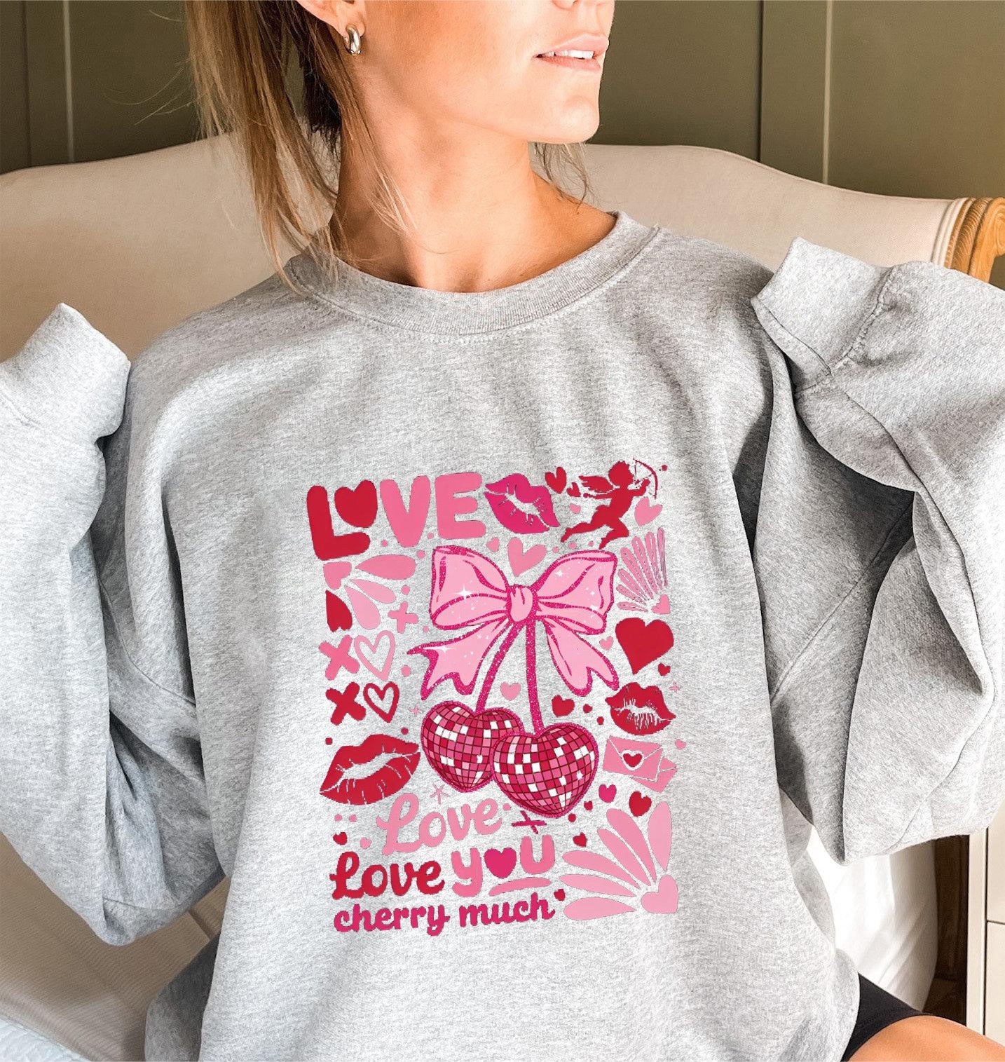 Damen Sweatshirt Voluminöse Ärmel Kirschmotiv