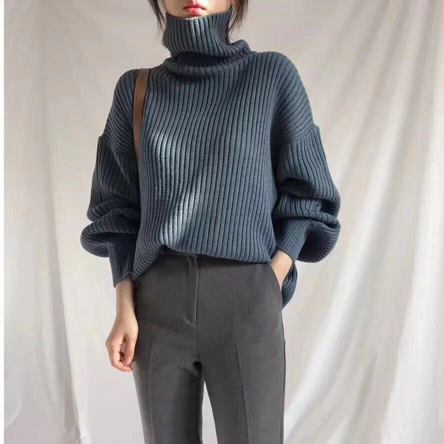 Damen Grobstrickpullover Hoher Kragen Voluminöse Ärmel - Eveloria