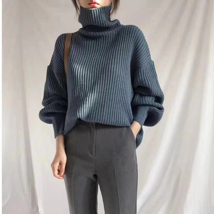 Damen Grobstrickpullover Hoher Kragen Voluminöse Ärmel - Eveloria