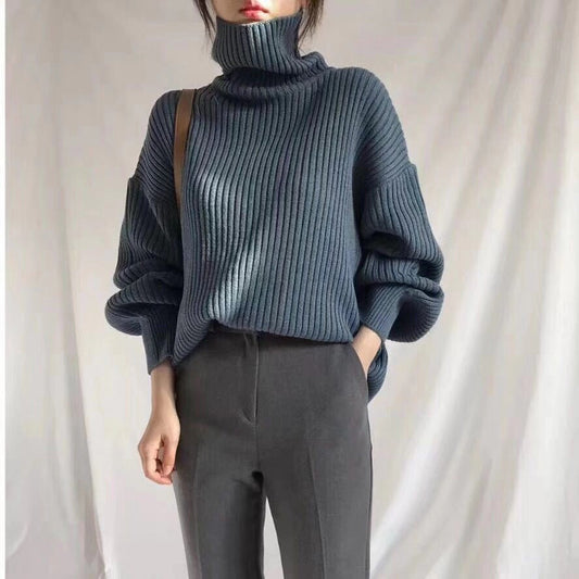 Damen Grobstrickpullover Hoher Kragen Voluminöse Ärmel - Eveloria