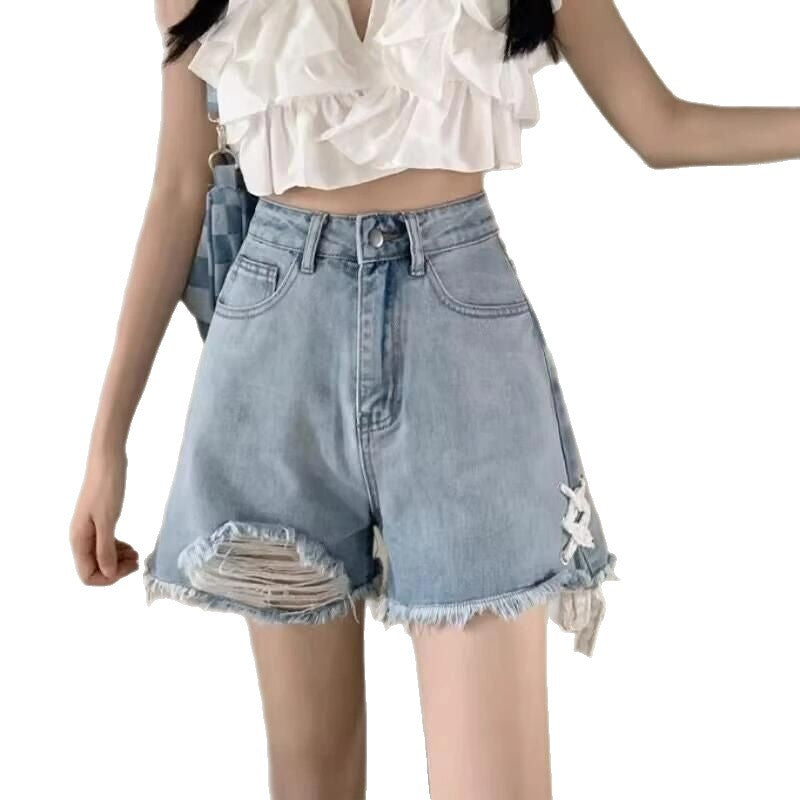 Damen Jeansshorts Destroyed Details Blau