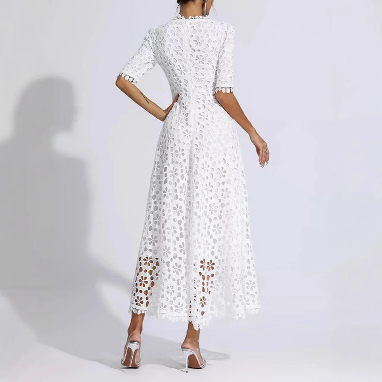 Damen Midi Kleid Floral Stickerei V-Ausschnitt