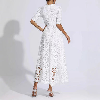 Damen Midi Kleid Floral Stickerei V-Ausschnitt