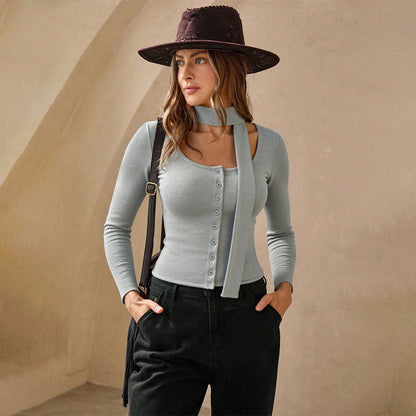 Damen Langarmshirt V-Ausschnitt Knöpfe Baumwolle Weiß - Eveloria