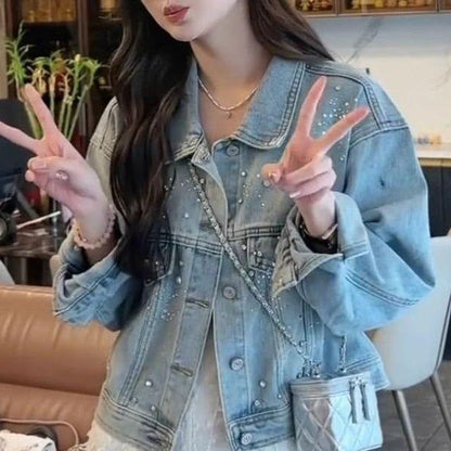 Damen Denimjacke Dekorative Perlen Blau Eveloria