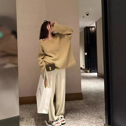 Damen Oversize Pullover Grobgestrickt Weitschnitt Beige