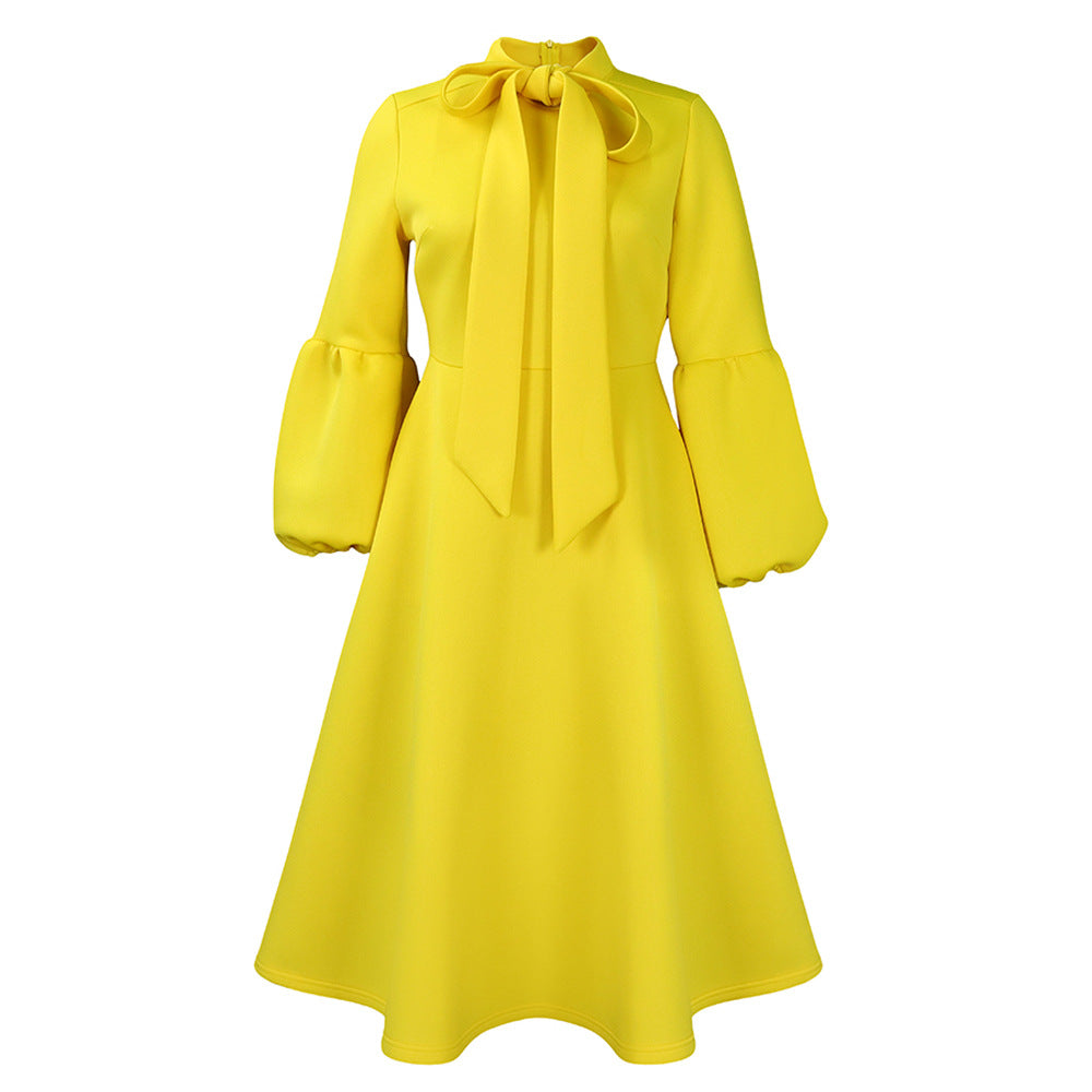 Damen Midi-Kleid Länge Knie, lange Puffärmel, elegante Schleife