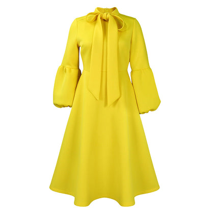 Damen Midi-Kleid Länge Knie, lange Puffärmel, elegante Schleife