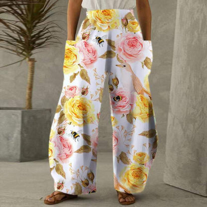 Damen Blumenhosen Weite mit Taschen Elastischer Bund