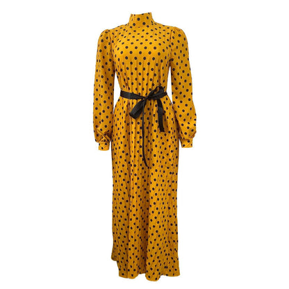 Damen Maxikleid Stehkragen Taillengürtel Elegant