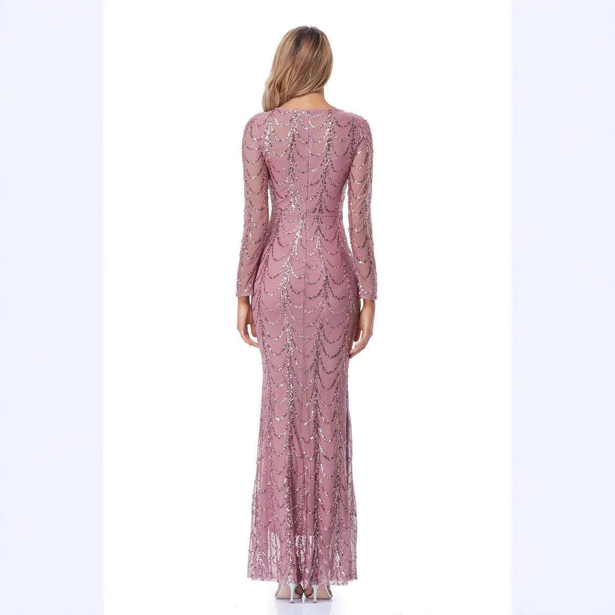 Damen Abendkleid Figurbetont Pailletten Ärmel Durchsichtig